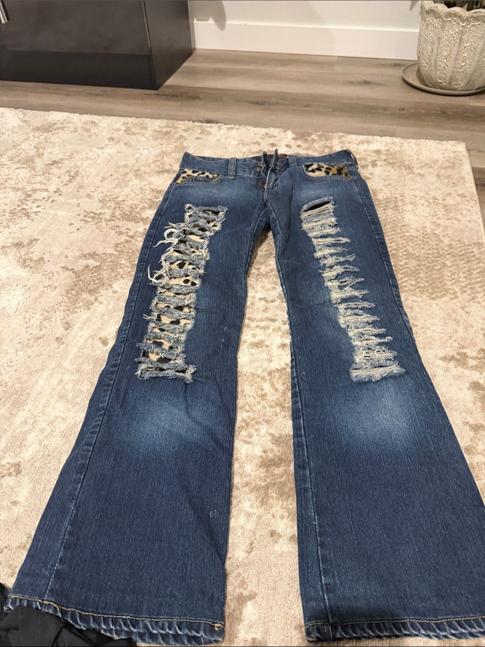 Roberto Cavalli Blue Distressed Flare Jeans with Leopard Trim